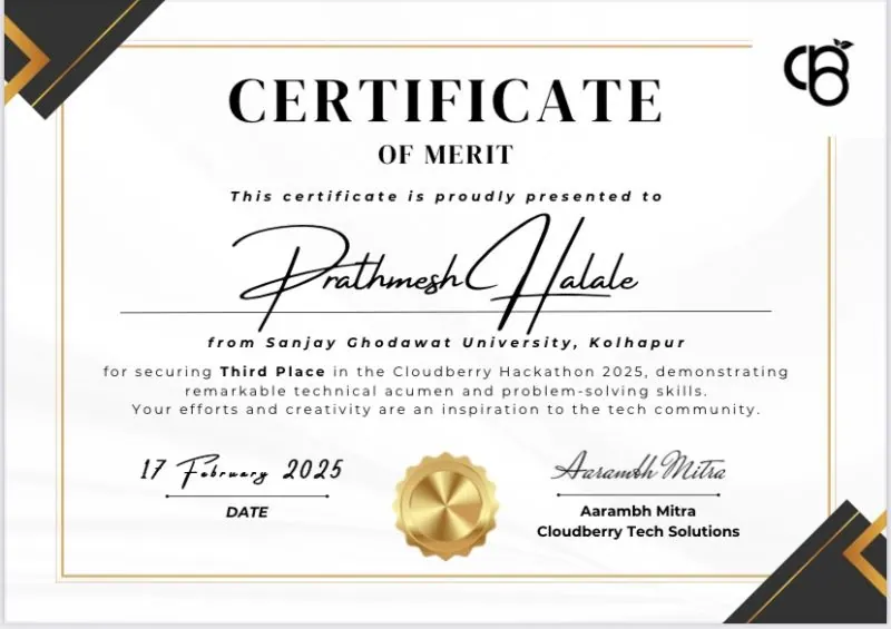 Certificate of Merit from Cloudberry Tech Solutions awarding Third Place in the Cloudberry Hackathon 2025 to Prathamesh Halale of Sanjay Ghodawat University, Kolhapur, dated 17 February 2025